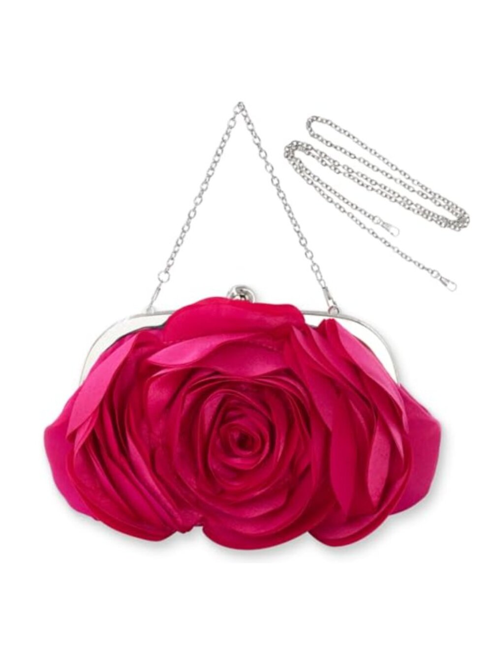 Satin Clutch Evening Bag with Detachable Chain Strap Floral 3D Rose